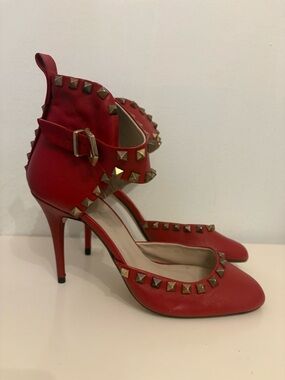 Zara Red Studded Ankle-Strap Pointed Heels